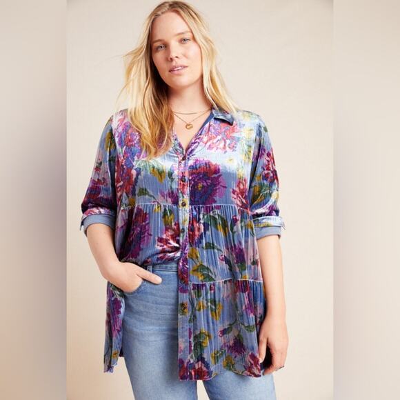 Anthropologie Maeve | Reverie Tiered Velvet Floral Tunic Bloomcore Boho Blue XS - Picture 13 of 13